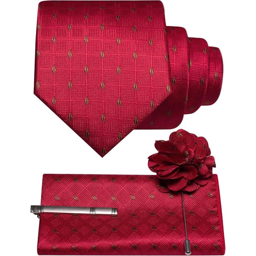 🆕Men Red Plaid Checkered Necktie and Pocket with Tie Clip Lapel Pin Set Ties